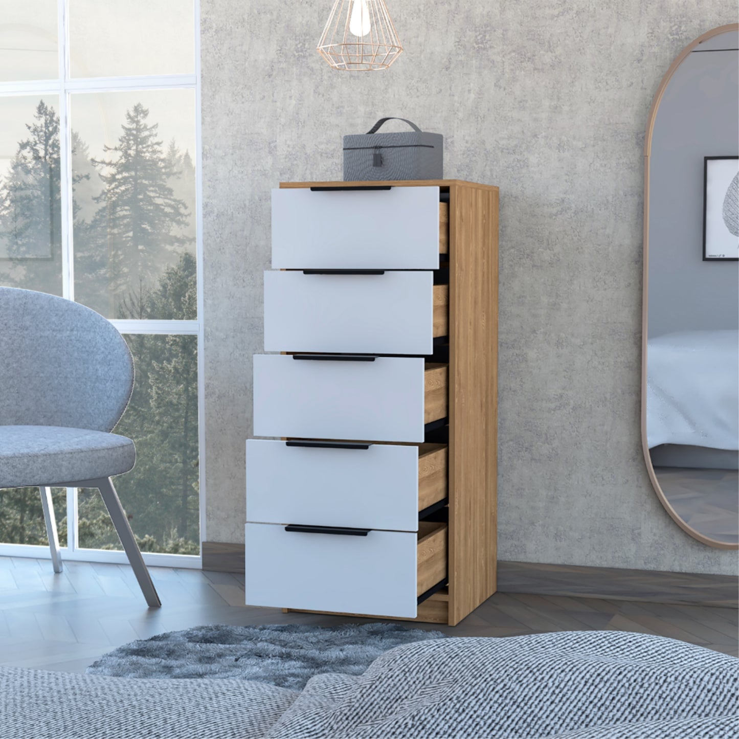 Comoda Cinco Cajones, FM Furniture 002C, Cafe Claro Y Blanco