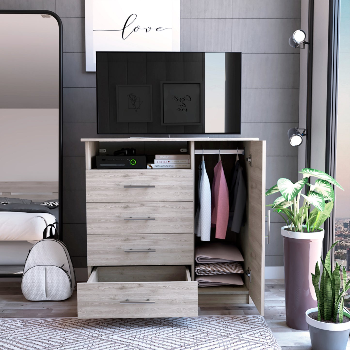 Comoda Tv40" Cuatro Cajones Una Puerta, FM Furniture 011C, Cafe Claro