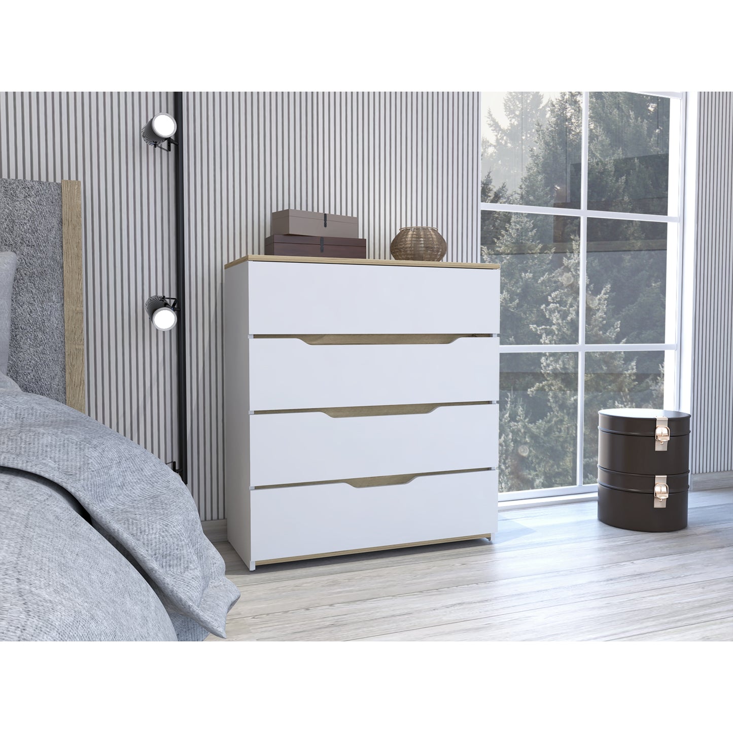 Comoda Cuatro Cajones, FM Furniture 016B, Blanco Y Cafe Claro