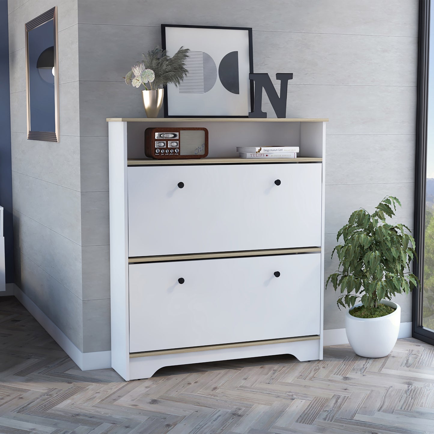 Comoda Zapatero Dos Puertas, FM Furniture 017B, Blanco Y Cafe Claro