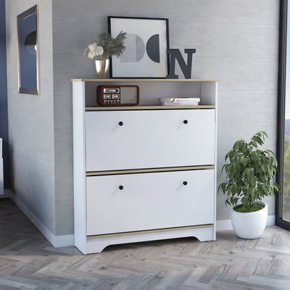 Comoda Zapatero Dos Puertas, FM Furniture 017B, Blanco Y Cafe Claro