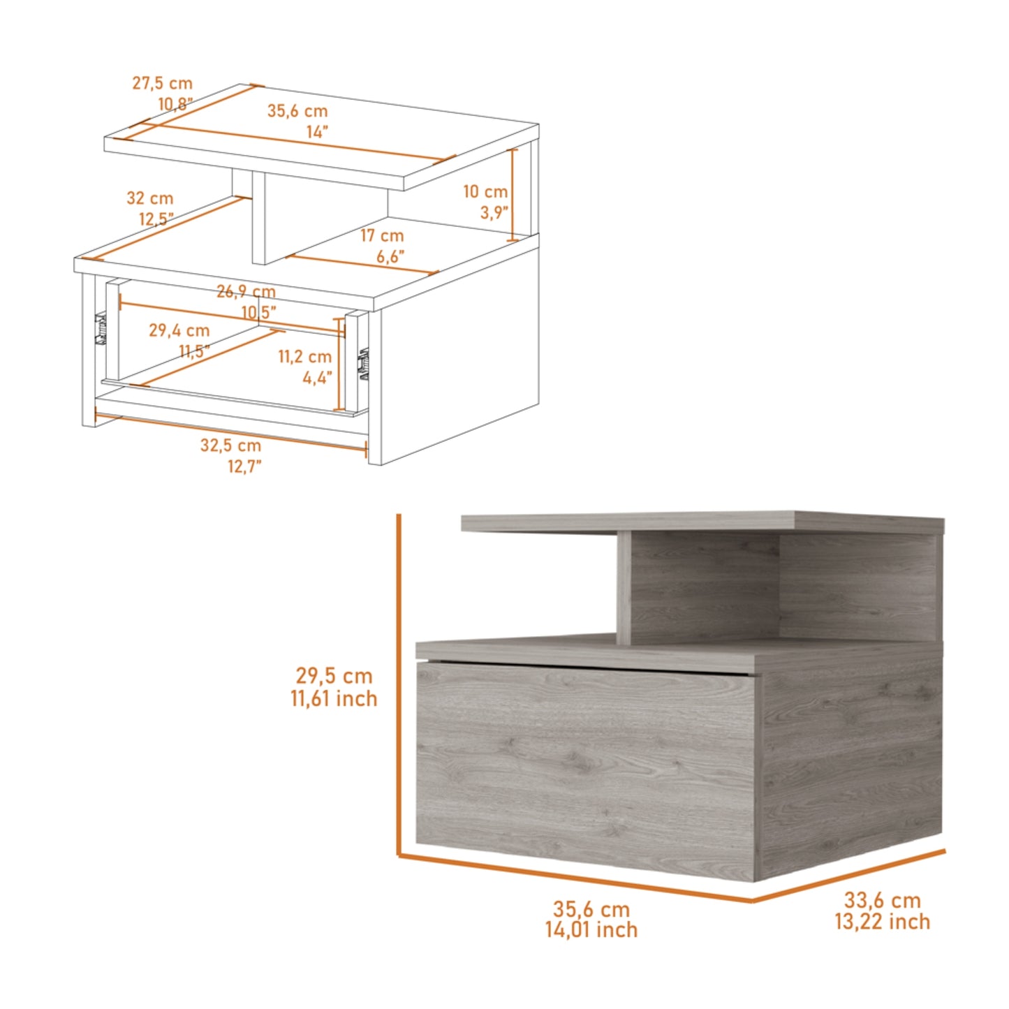 Velador Flotante Un Cajón, FM Furniture 007E, Beige