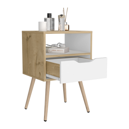 Velador Un Cajón, FM Furniture 015C, Café Claro Y Blanco