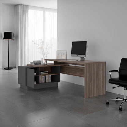 Escritorio En L Una Puerta -  Repisas Office W-179, Avellana Y Plomo