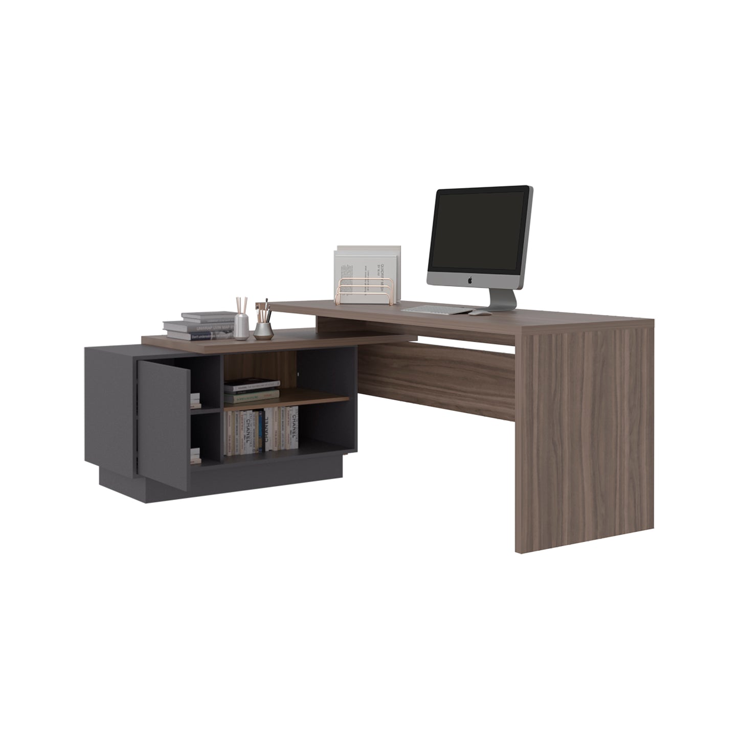 Escritorio En L Una Puerta -  Repisas Office W-179, Avellana Y Plomo