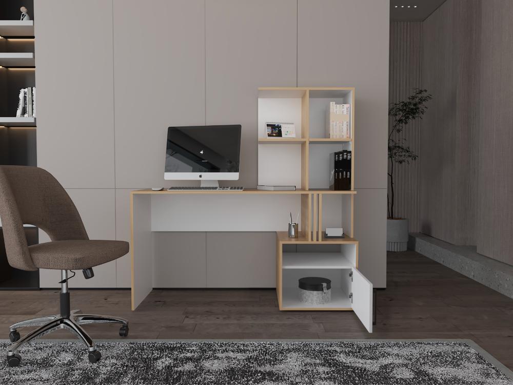 Escritorio Con Biblioteca Incorporada Una Puerta, Blanco Y Café Claro