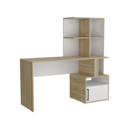 Escritorio Con Biblioteca Incorporada Una Puerta, Blanco Y Café Claro