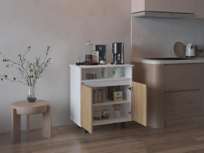 Mesa de Cocina Lona, Blanco Duqueza y Fresno Europeo, con 2 puertas abatibles y espacio para microondas