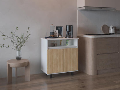 Mesa de Cocina Lona, Blanco Duqueza y Fresno Europeo, con 2 puertas abatibles y espacio para microondas