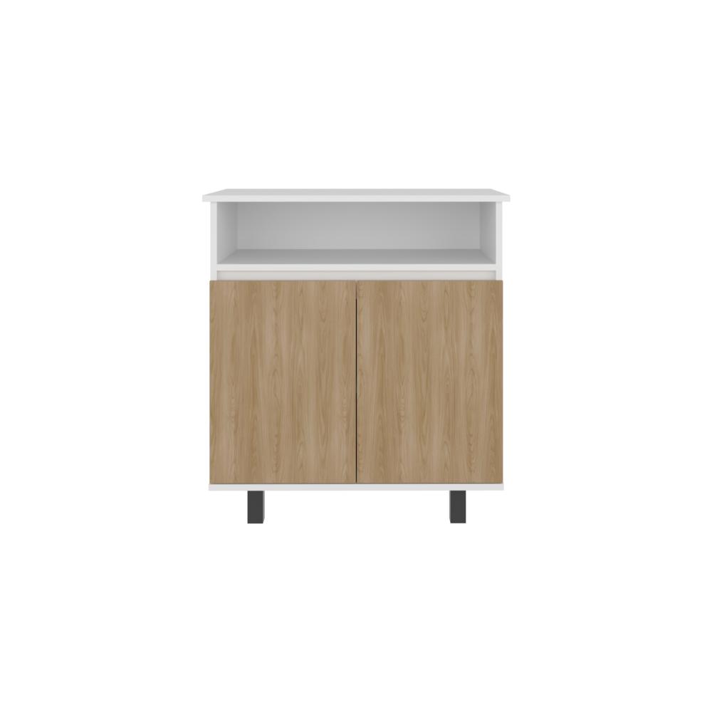 Mesa de Cocina Lona, Blanco Duqueza y Fresno Europeo, con 2 puertas abatibles y espacio para microondas