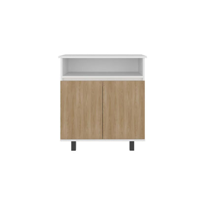 Mesa de Cocina Lona, Blanco Duqueza y Fresno Europeo, con 2 puertas abatibles y espacio para microondas