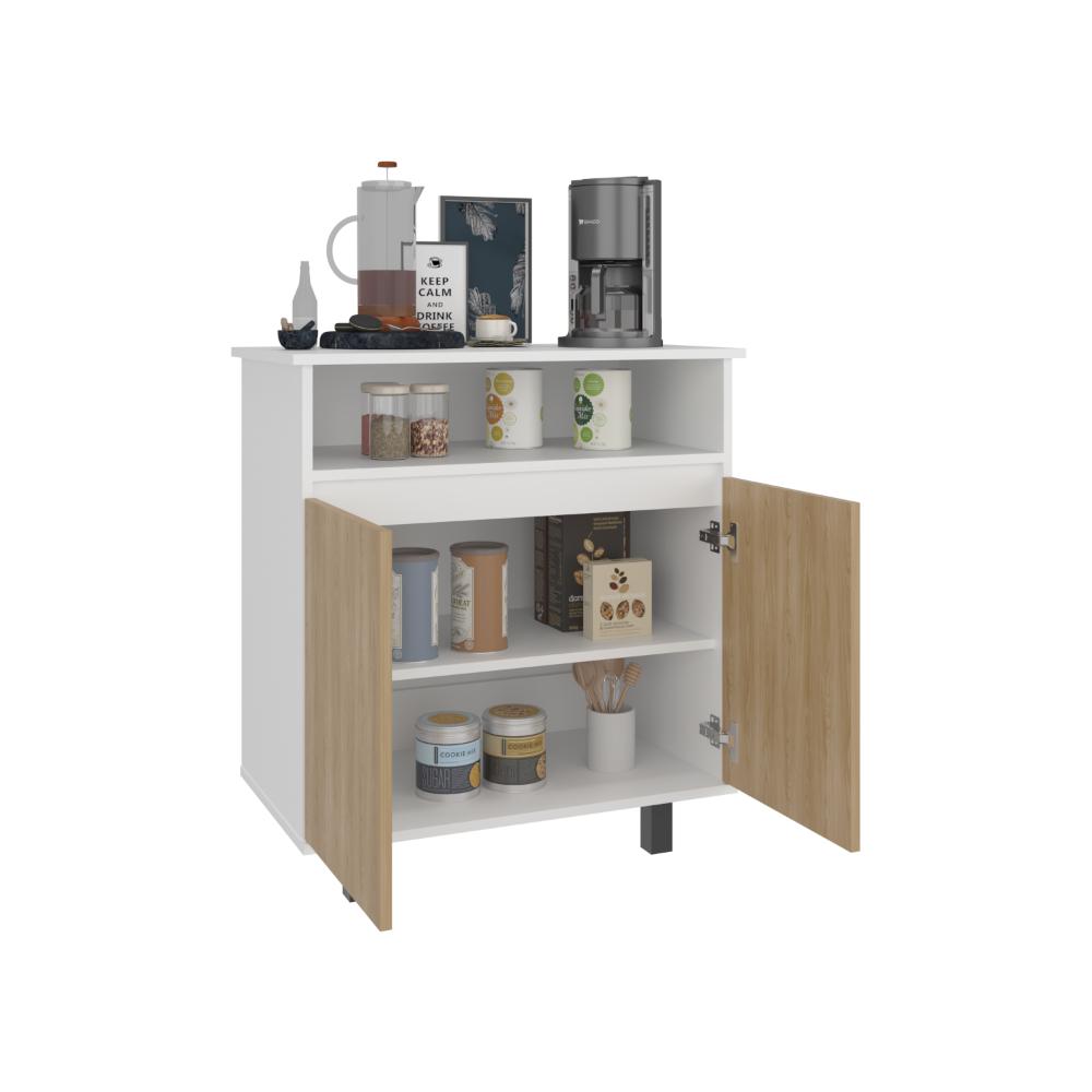 Mesa de Cocina Lona, Blanco Duqueza y Fresno Europeo, con 2 puertas abatibles y espacio para microondas