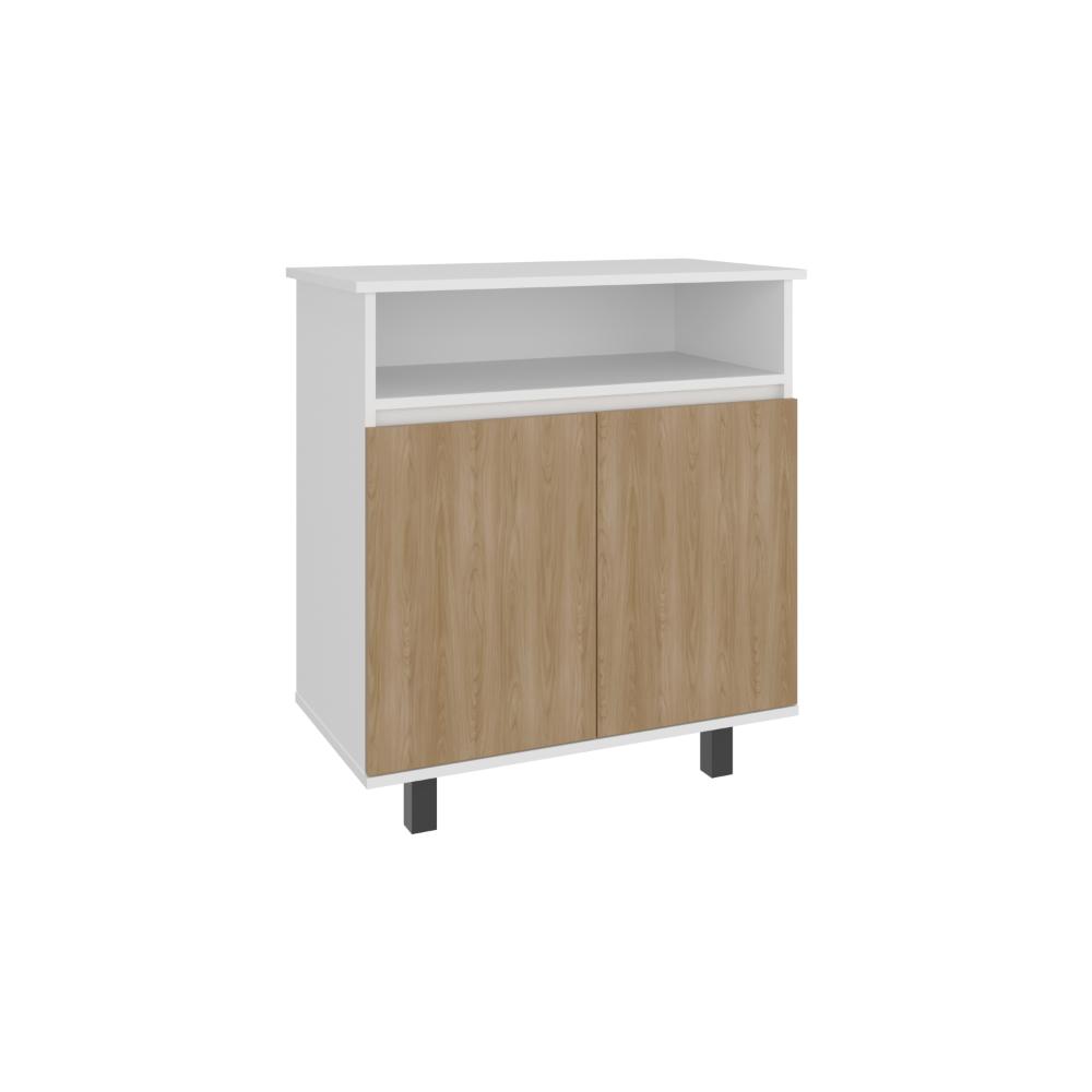 Mesa de Cocina Lona, Blanco Duqueza y Fresno Europeo, con 2 puertas abatibles y espacio para microondas