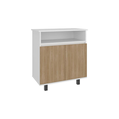 Mesa de Cocina Lona, Blanco Duqueza y Fresno Europeo, con 2 puertas abatibles y espacio para microondas