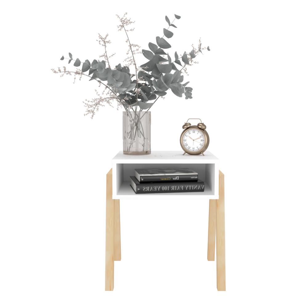 Velador Pinetti, Blanco Duqueza, con un entrepaño para guardar objetos y diseño minimalista