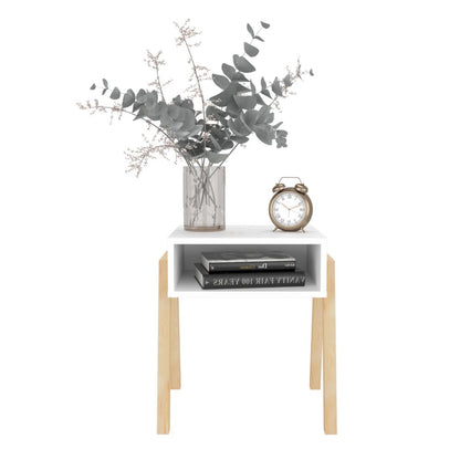 Velador Pinetti, Blanco Duqueza, con un entrepaño para guardar objetos y diseño minimalista