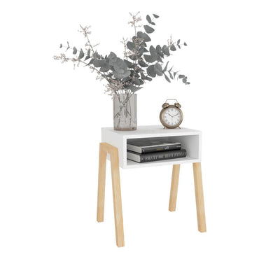 Velador Pinetti, Blanco Duqueza, con un entrepaño para guardar objetos y diseño minimalista