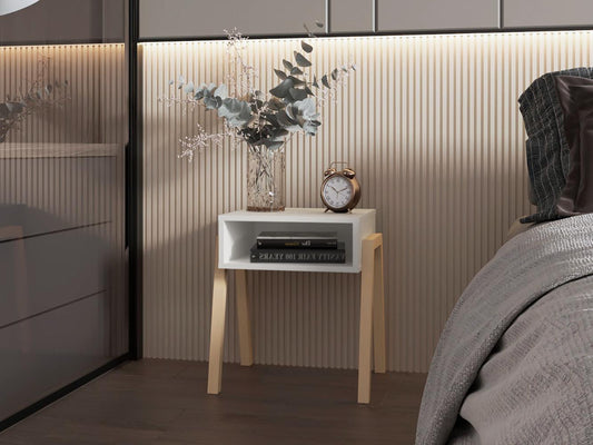 Velador Pinetti, Blanco Duqueza, con un entrepaño para guardar objetos y diseño minimalista