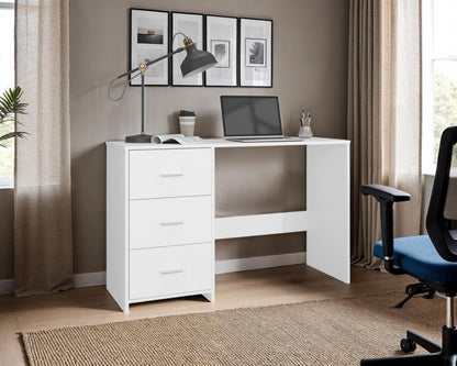 Escritorio Eco, Blanco Duqueza, con Tres Cajoneras Manijas Metálicas y Amplio Espacio de Almacenamiento