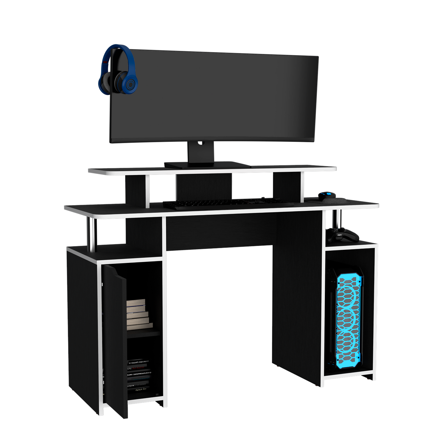 Escritorio Gamer Una Puerta Fm 070N Negro Y Blanco