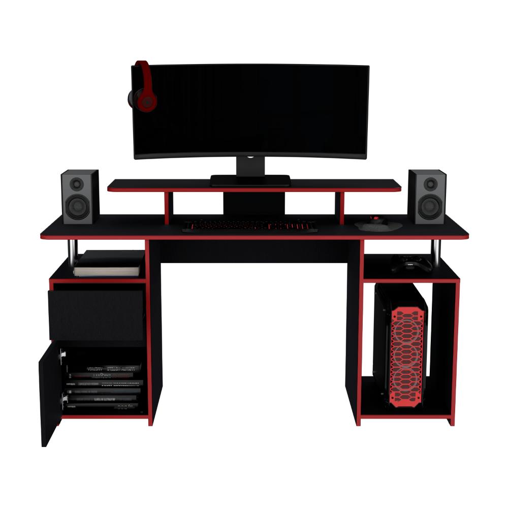 Escritorio Gamer Recto Para Monitor con Un Cajon y Una Puerta Keria, Wengue / C.Rojo