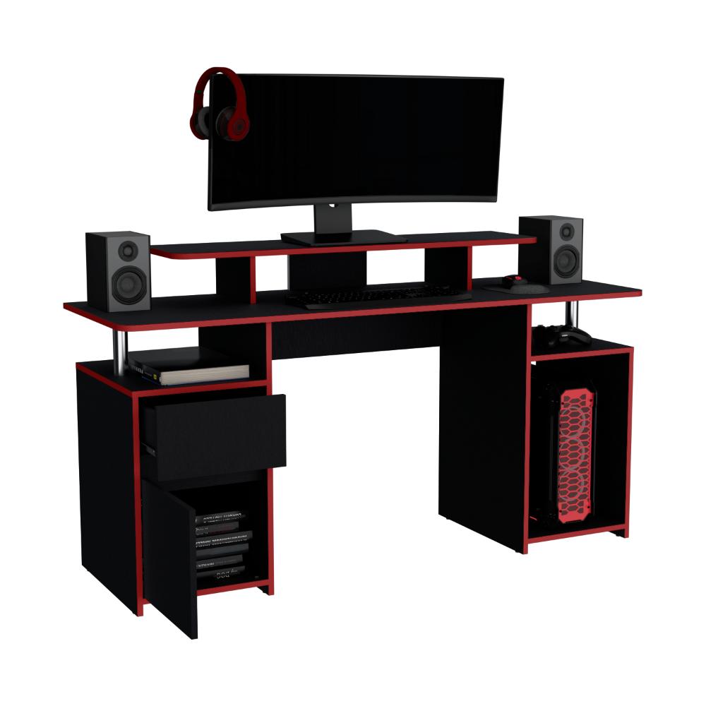 Escritorio Gamer Recto Para Monitor con Un Cajon y Una Puerta Keria, Wengue / C.Rojo