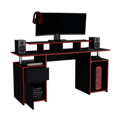 Escritorio Gamer Recto Para Monitor con Un Cajon y Una Puerta Keria, Wengue / C.Rojo