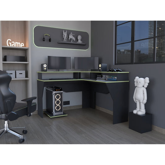 Escritorio Gamer En L Fm 046O Negro Y Canto Verde