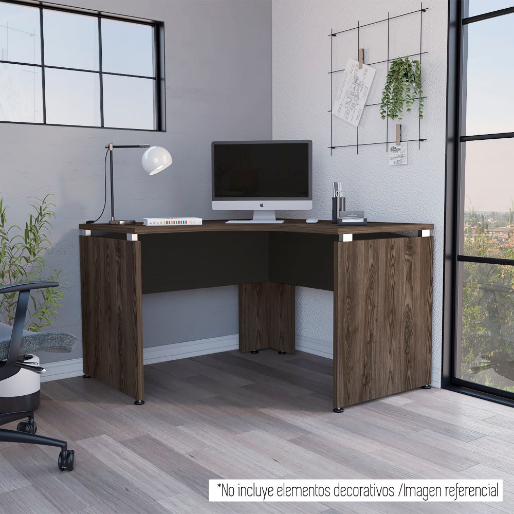 Escritorio en forma de L Color Home Office Negro Soft y Coñac Para Oficina