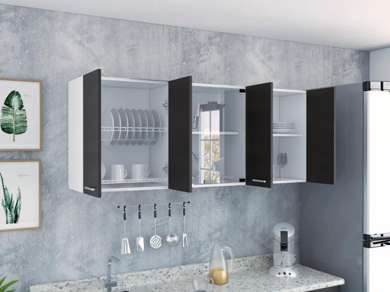 Gabinete Superior Mural, Blanco y Wengue, incluye entrepaño móvil central y dos puertas de vidrio