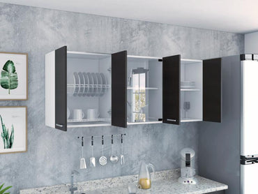 Gabinete Superior Mural, Blanco y Wengue, incluye entrepaño móvil central y dos puertas de vidrio