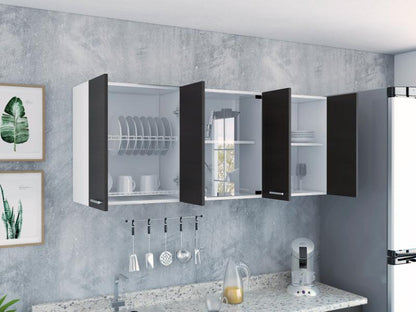 Gabinete Superior Mural, Blanco y Wengue, incluye entrepaño móvil central y dos puertas de vidrio