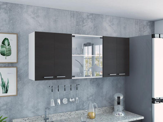 Gabinete Superior Mural, Blanco y Wengue, incluye entrepaño móvil central y dos puertas de vidrio