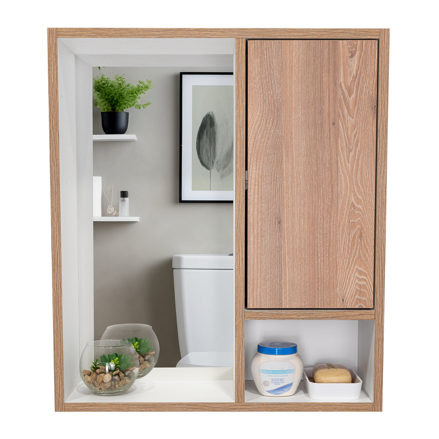 Botiquin Para Baño Con Espejo, Miel Y Blanco