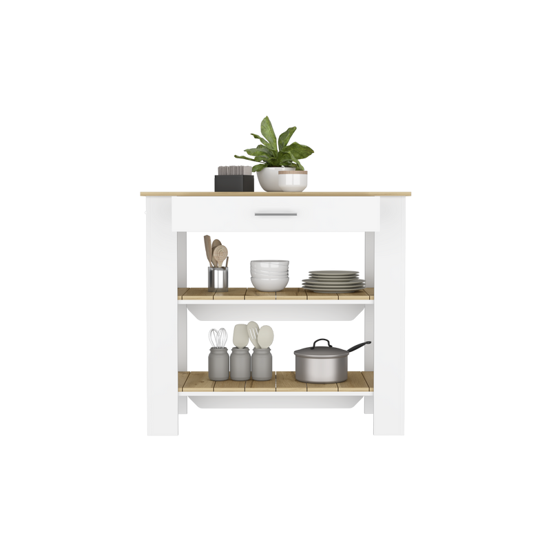 Mesa De Cocina Ccala, Blanco y Macadamia, con entrepaños para colocar objetos de cocina