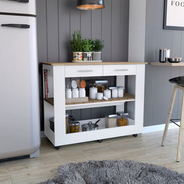 Mesa De Cocina Cala, Blanco y  Macadamia, con cajones y entrepaños para colocar objetos de cocina