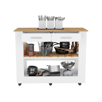 Mesa De Cocina Cala, Blanco y  Macadamia, con cajones y entrepaños para colocar objetos de cocina (vista 3)