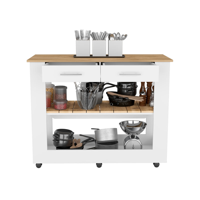 Mesa De Cocina Cala, Blanco y  Macadamia, con cajones y entrepaños para colocar objetos de cocina