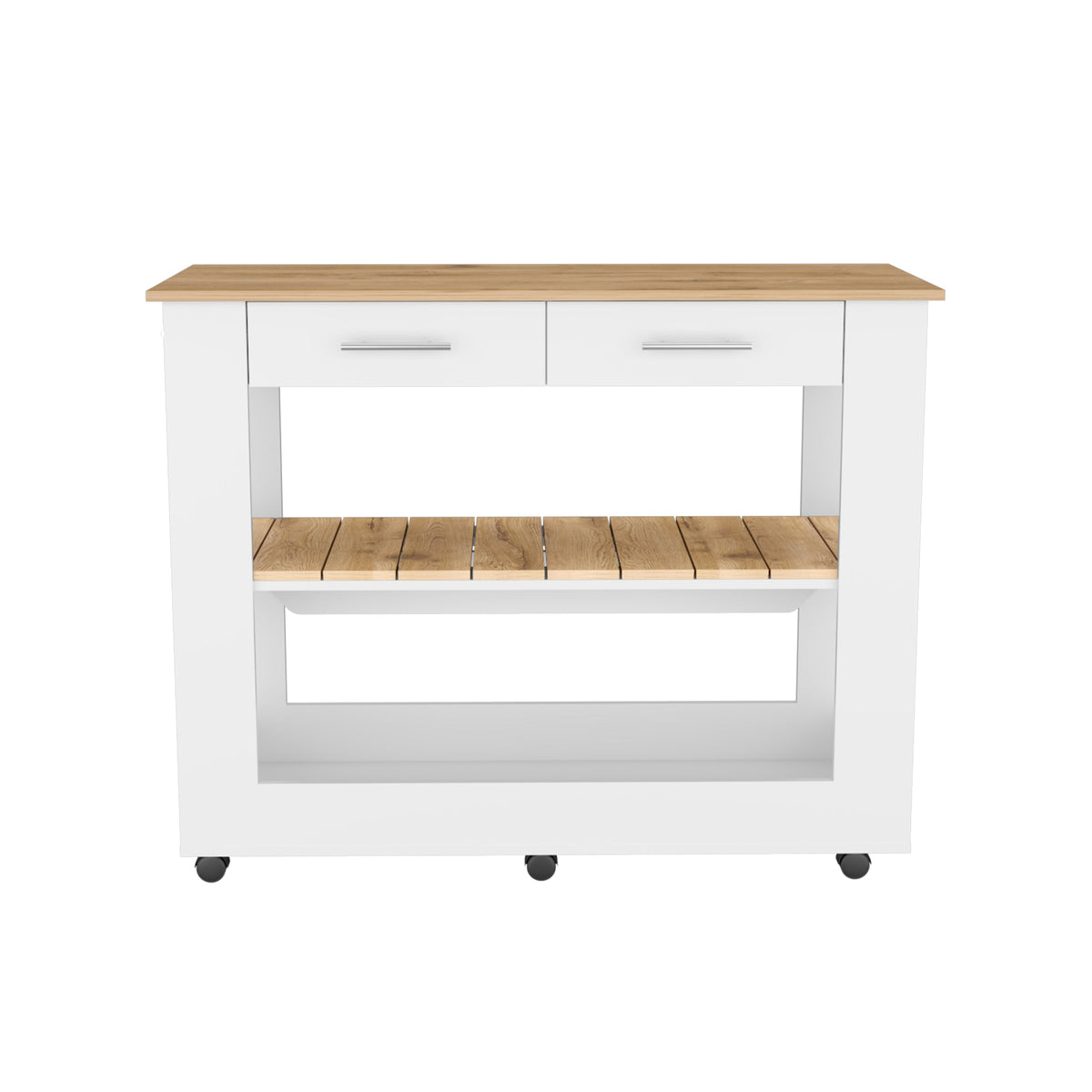 Mesa De Cocina Cala, Blanco y  Macadamia, con cajones y entrepaños para colocar objetos de cocina (vista 5)