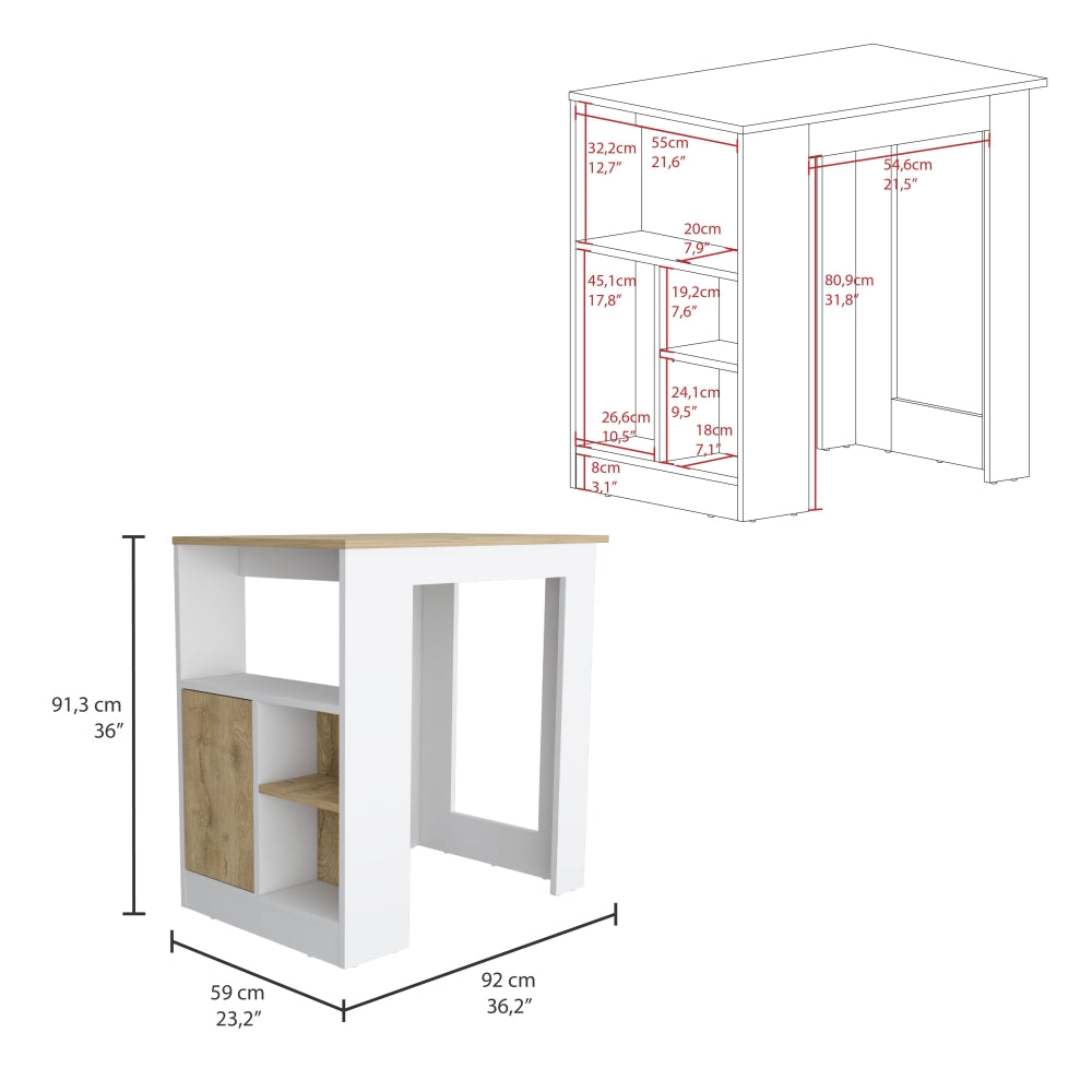 Mesa De Cocina Stirling, Blanco y Macadamia, con entrepaños para colocar objetos de cocina