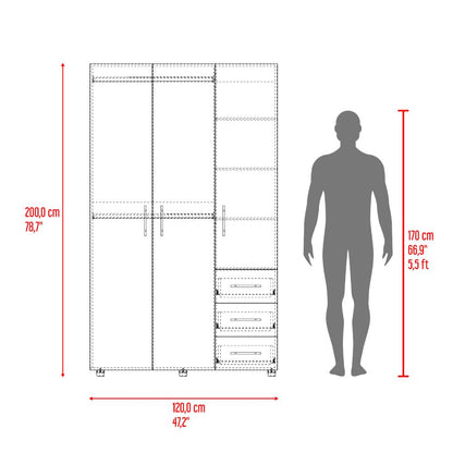 Closet Alen, Fresno Europeo Y Blanco Duqueza, Con tres puertas abatibles, tres cajones y dos tubos cromados
