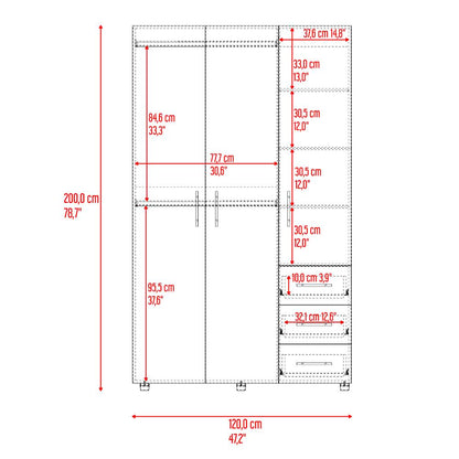 Closet Alen, Fresno Europeo Y Blanco Duqueza, Con tres puertas abatibles, tres cajones y dos tubos cromados