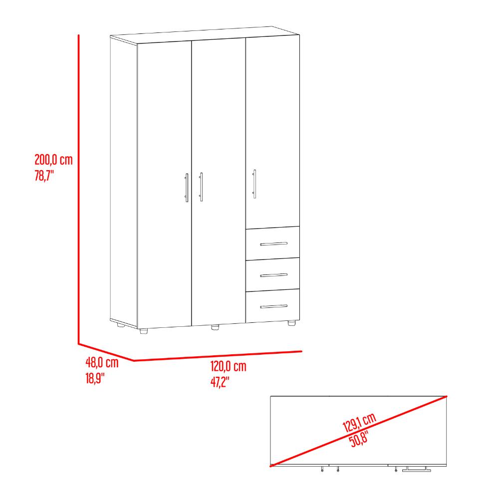 Closet Alen, Fresno Europeo Y Blanco Duqueza, Con tres puertas abatibles, tres cajones y dos tubos cromados