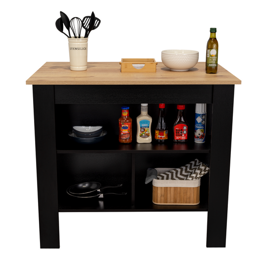 Mesa De Cocina Cala, Wengue y Duna, con entrepaños para colocar objetos de cocina