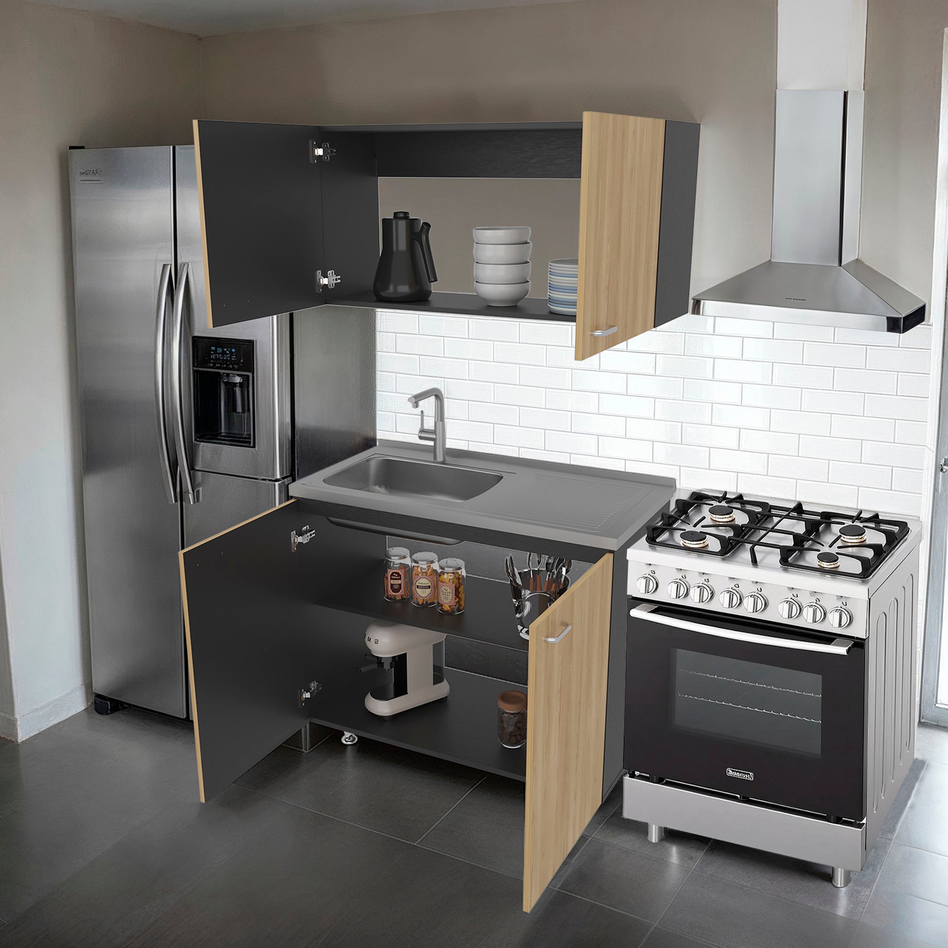 Mueble De Cocina Napoles Completo, Incluye Mueble Inferior - Mueble Superior Incluye Lavaplatos Izquierdo, Fresno y Wengue