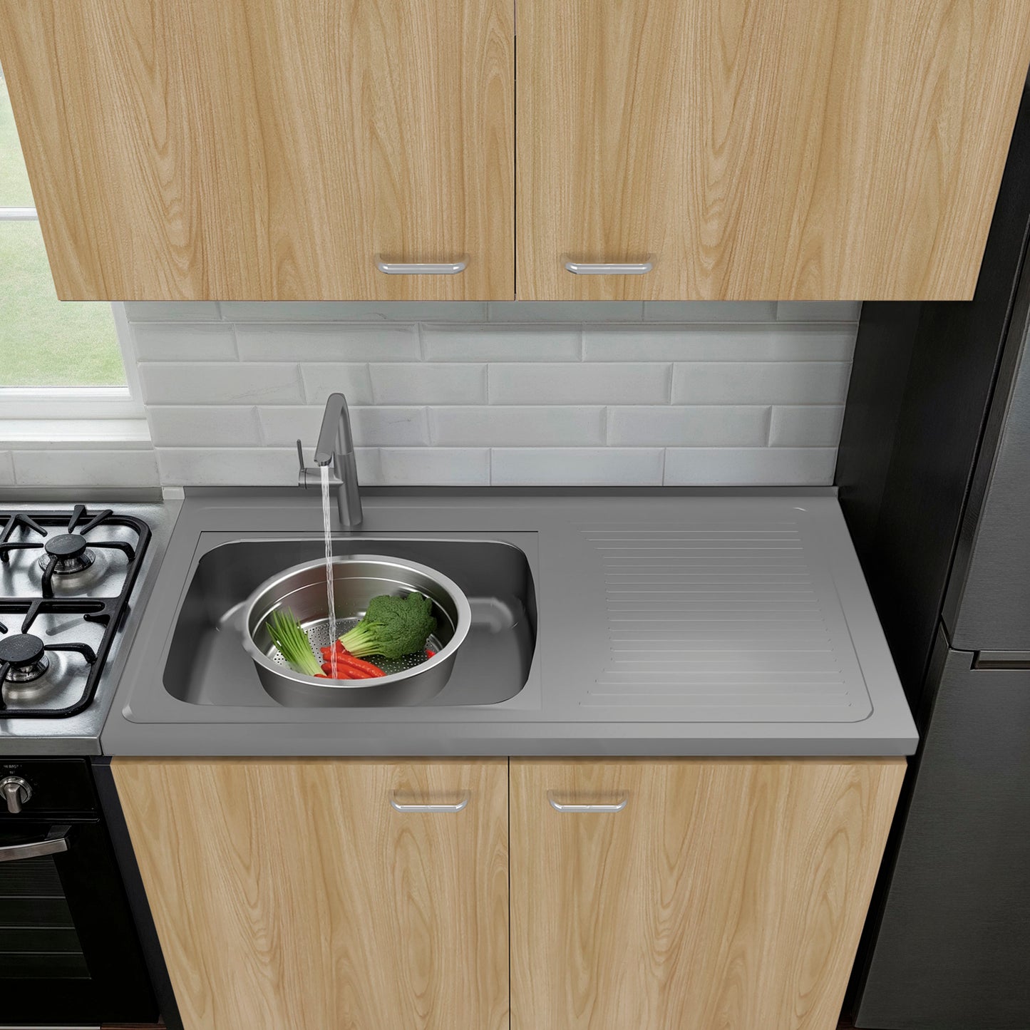 Mueble De Cocina Napoles Completo, Incluye Mueble Inferior - Mueble Superior Incluye Lavaplatos Izquierdo, Fresno y Wengue