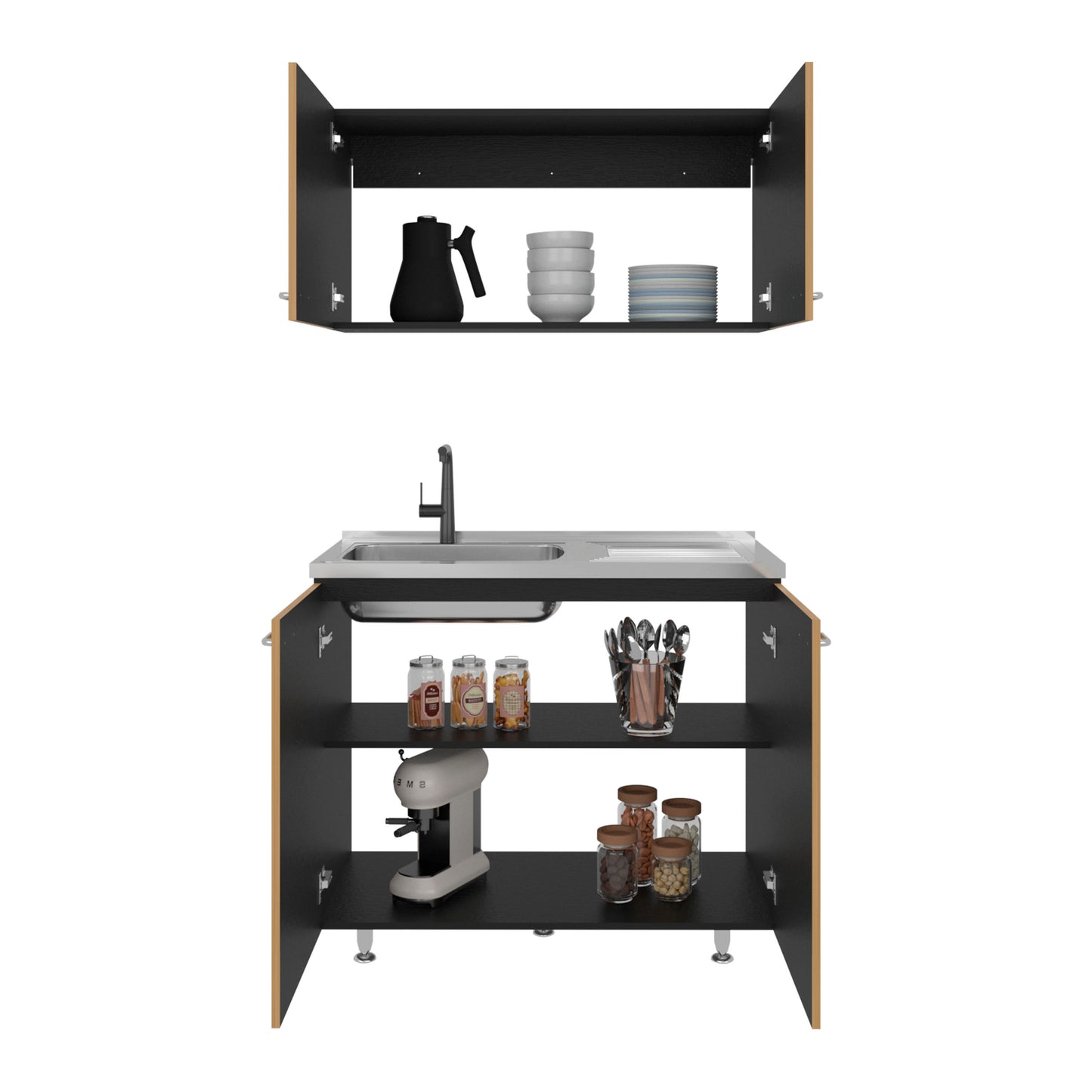 Mueble De Cocina Napoles Completo, Incluye Mueble Inferior - Mueble Superior Incluye Lavaplatos Izquierdo, Fresno y Wengue
