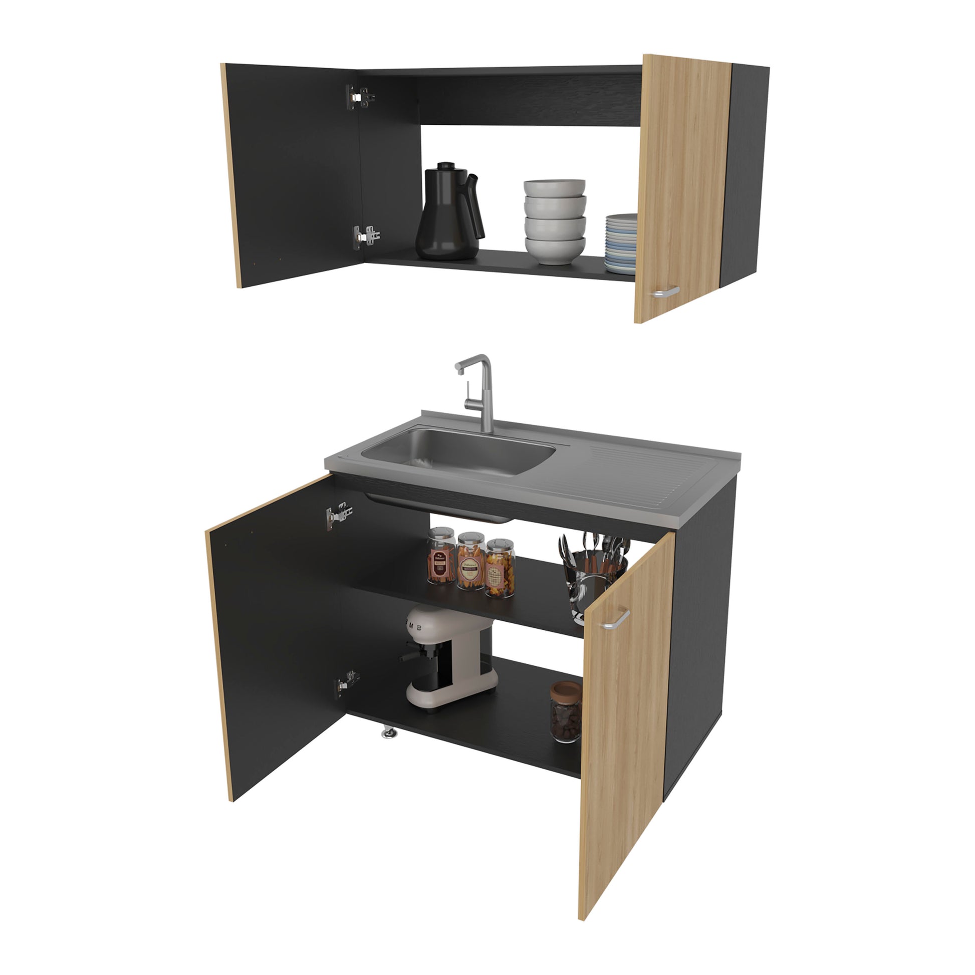 Mueble De Cocina Napoles Completo, Incluye Mueble Inferior - Mueble Superior Incluye Lavaplatos Izquierdo, Fresno y Wengue
