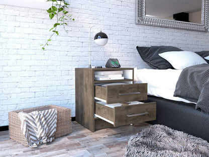 Velador Douglas, Nogal y Blanco, con Un Entrepaño Superior y Dos Cajones Organizadores