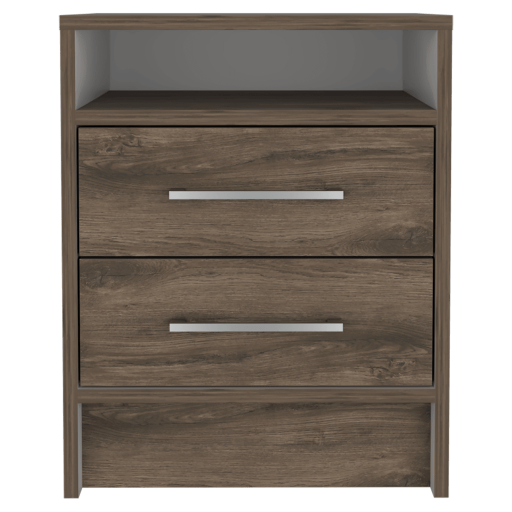 Velador Douglas, Nogal y Blanco, con Un Entrepaño Superior y Dos Cajones Organizadores